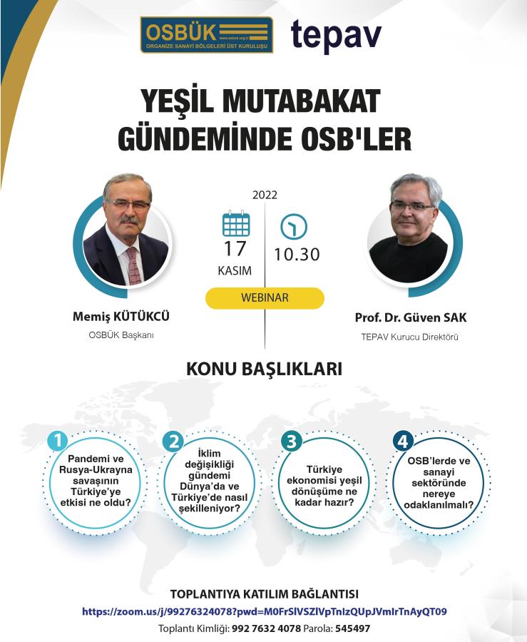 OSBÜK Yeşil Mutabakat Gündeminde OSB'ler Webinarı Duyurusu